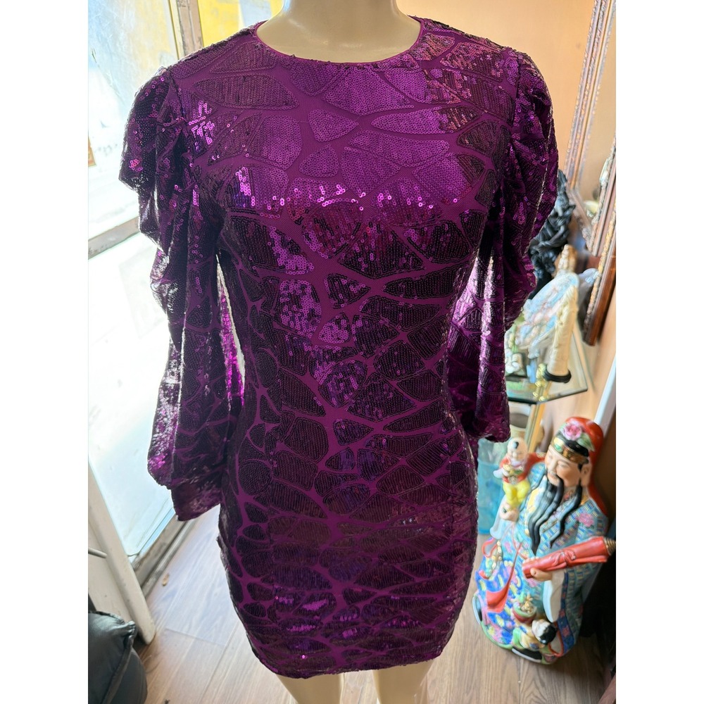 Purple Sequin Puff Sleeve Bodycon Mini Dress Geometric Pattern Long Sleeve Party